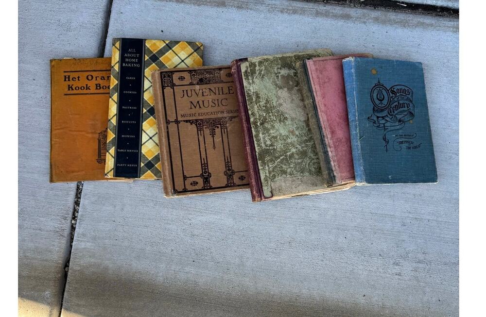 Vintage collection of colorful books for decor on shelves table X6 old world